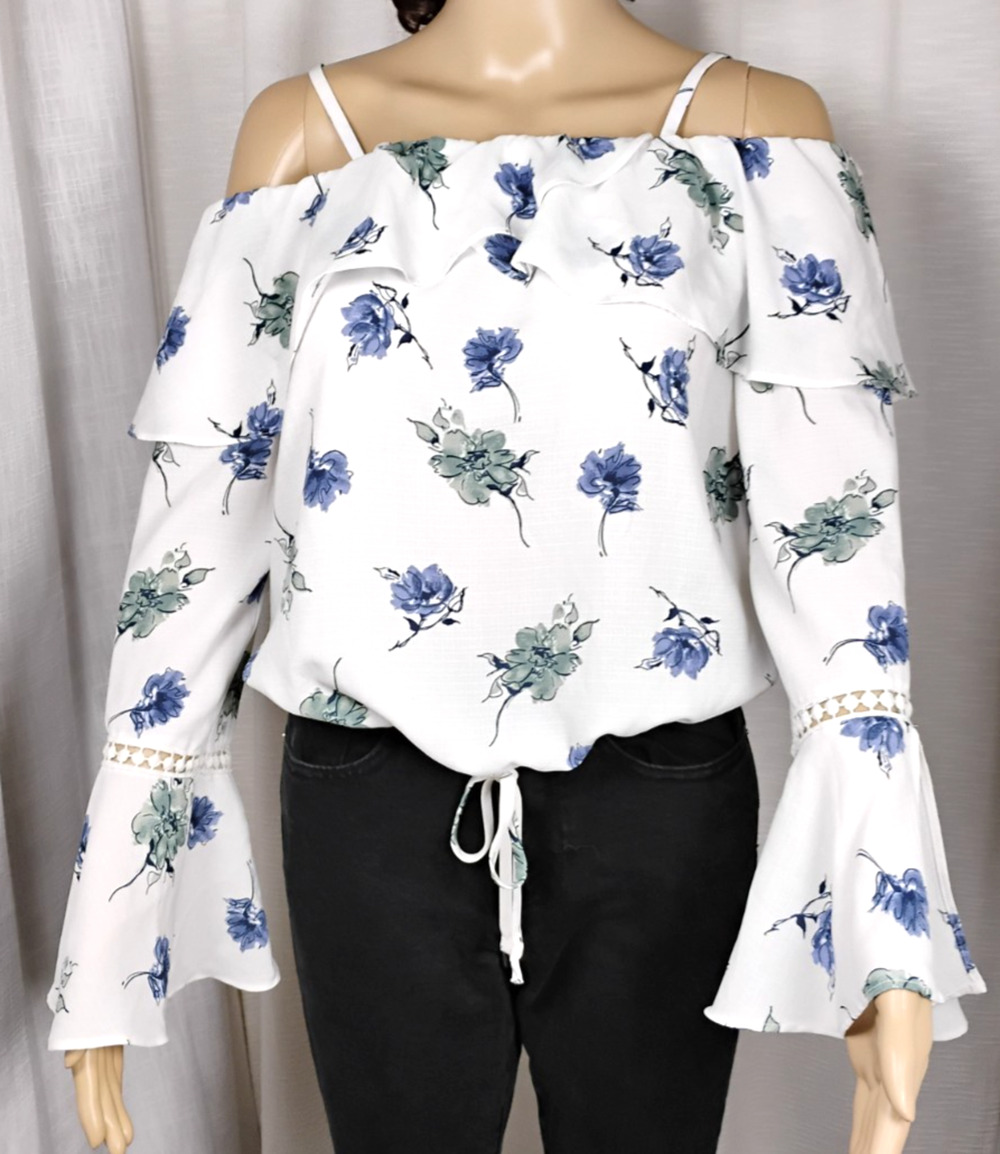 Floral Blouson Blouse Cold Shoulder Bell Sleeve Boho Lightweight Festival S